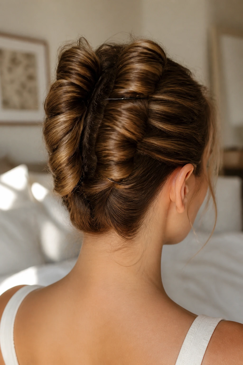 Close-up of a real woman with double French twists secured by bobby pins
