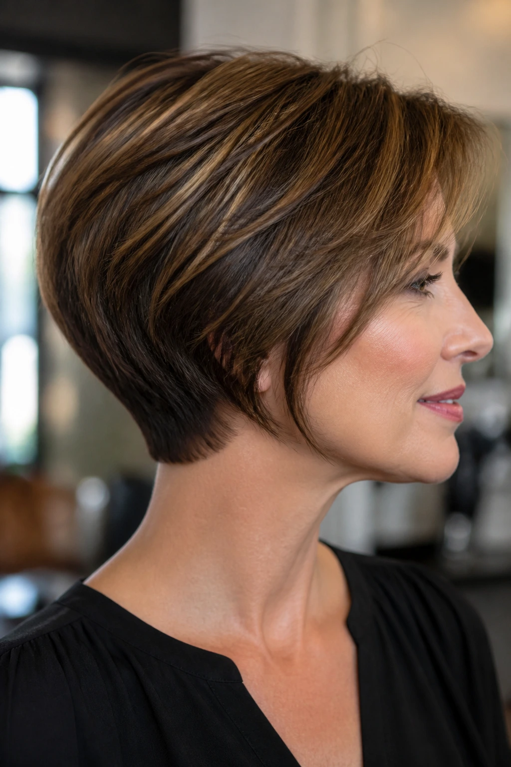 Close-up portrait showing double-graduated multi-texture stack on a real person