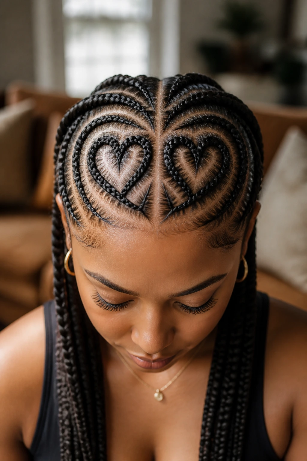 Close-up of double-heart braided design on the scalp.