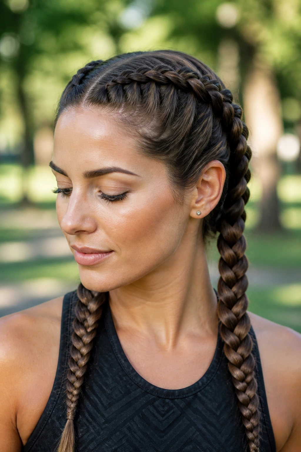 Close-up of a real woman with two invisible Dutch braids on both sides.