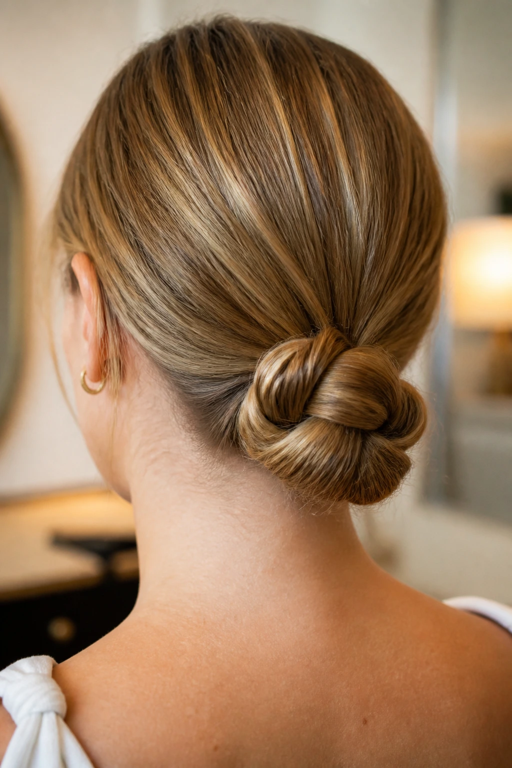 Back-of-head close-up of a real woman showcasing a two-knot low bun at the nape