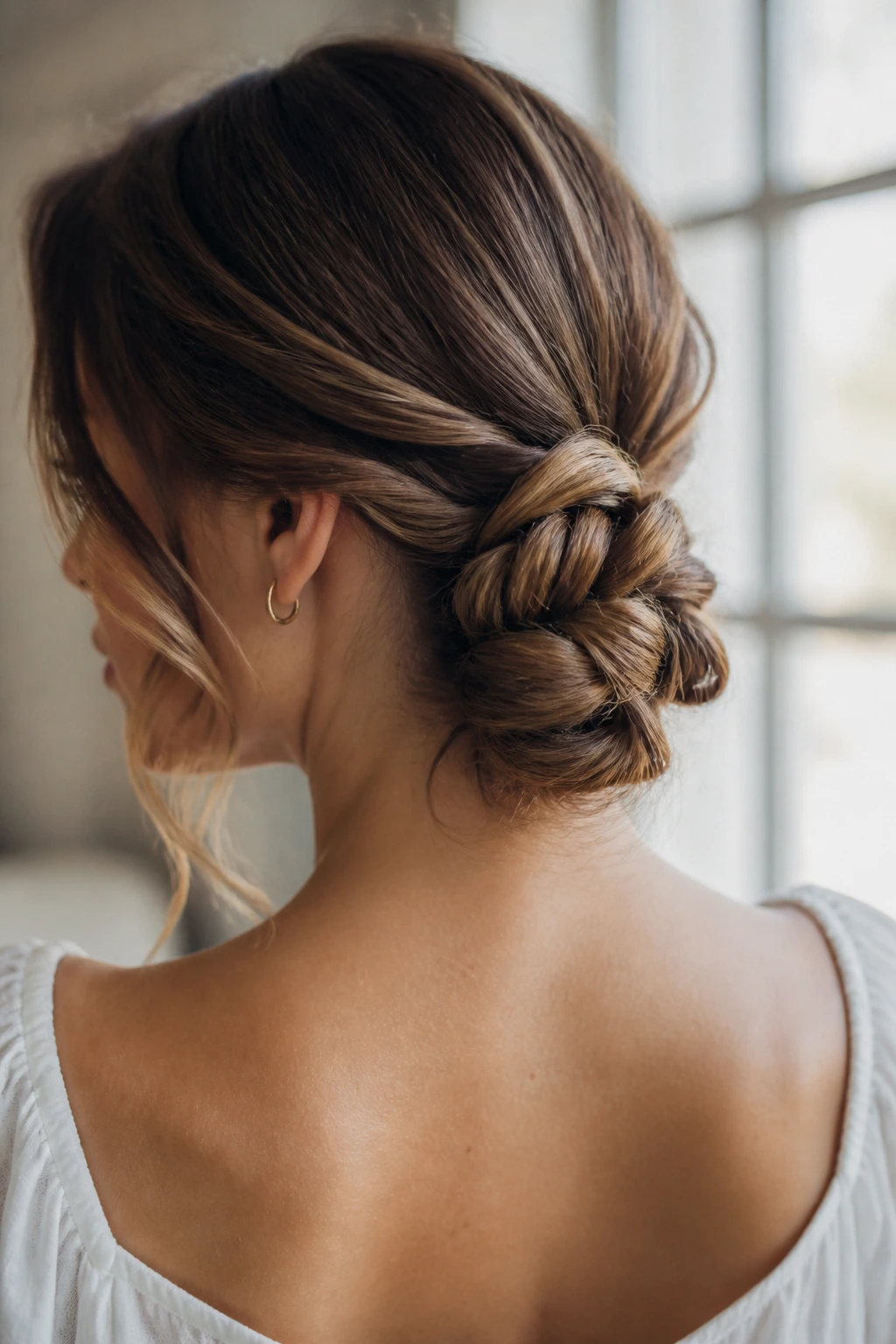 Close-up of a real woman with a double-knotted knot at the nape in a loose chignon
