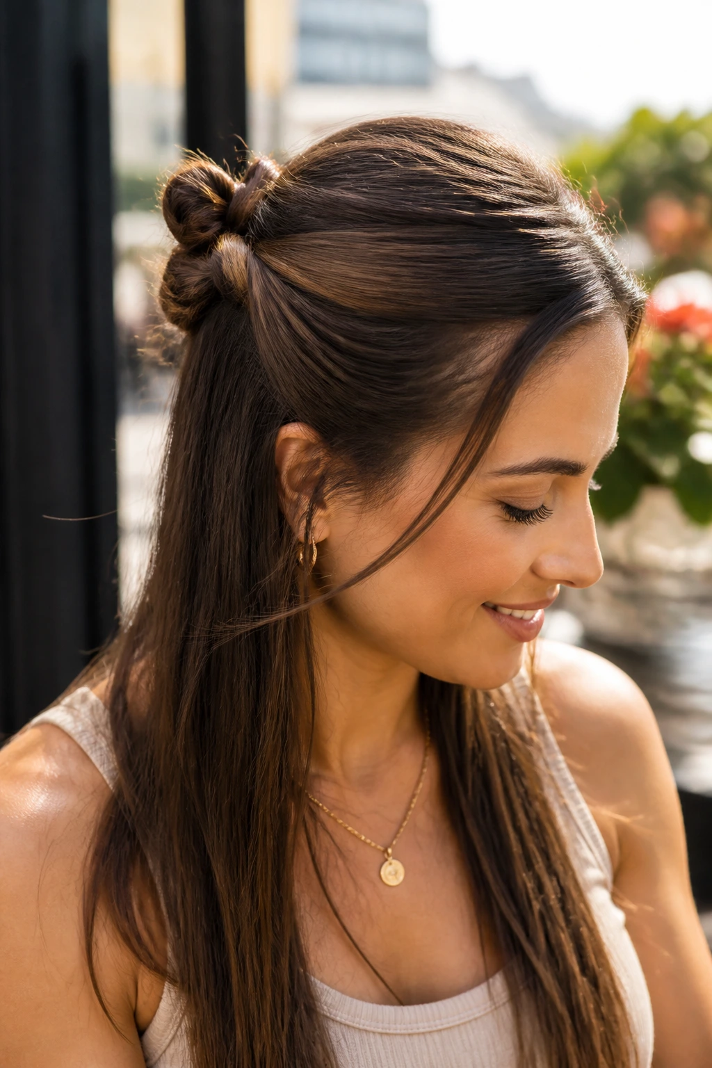 Close-up of a woman with two knots in a half-up hairstyle