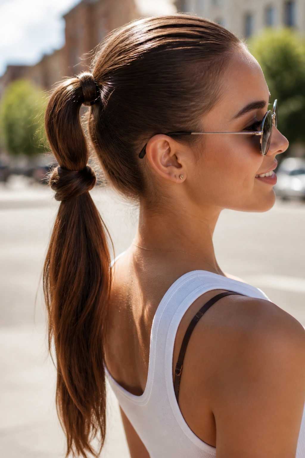 Close-up portrait of a real woman with a double-knotted ponytail