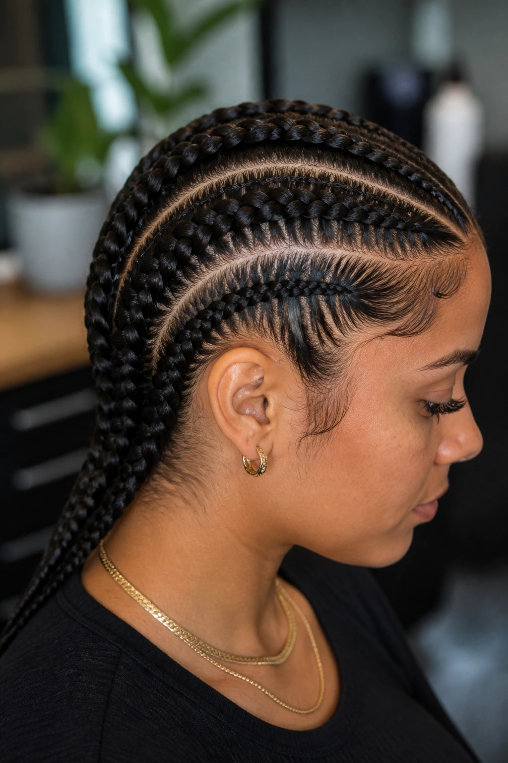 Close-up of a real woman with double-layer braids