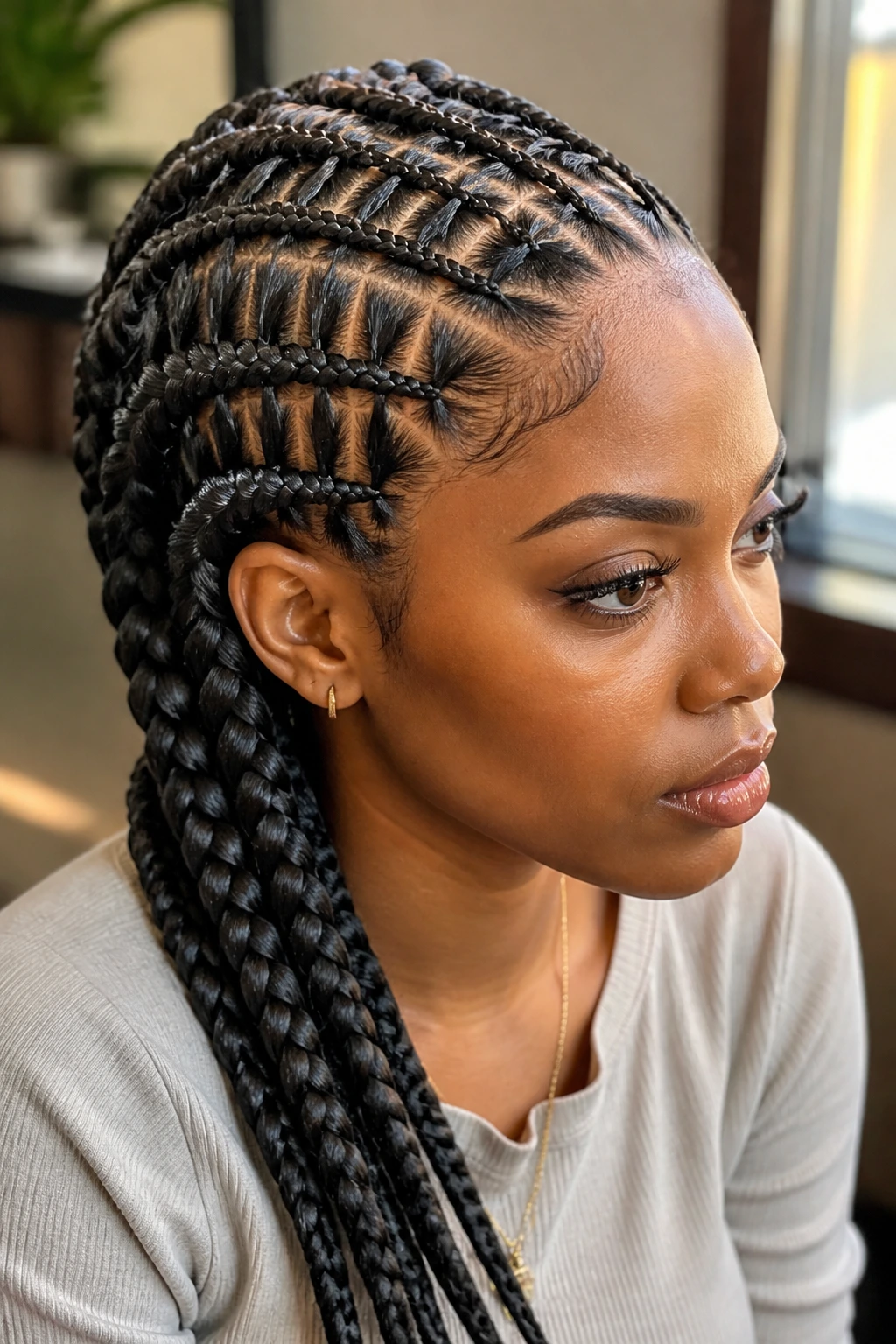 Close-up of a real person with double-layered cornrows, top net of small braids over larger bottom braids.