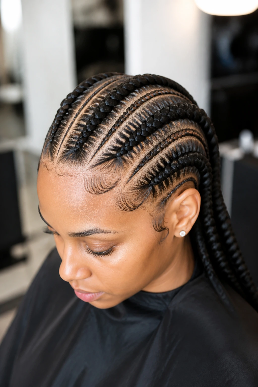 Close-up of large and small cornrows in double-layered geometric hybrid