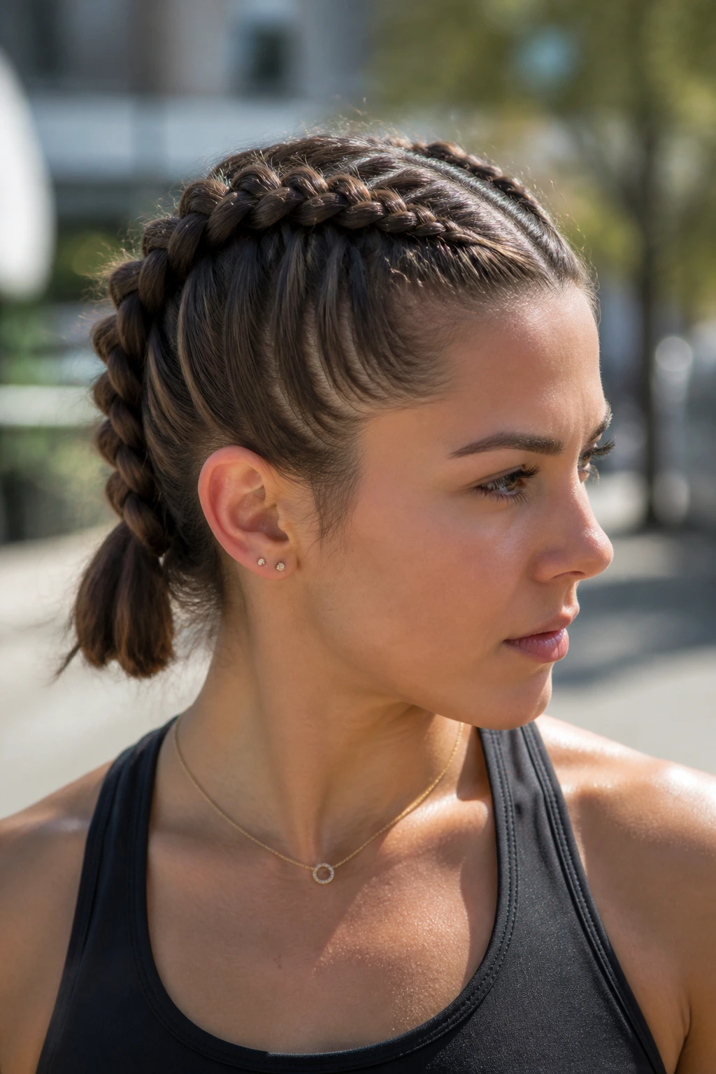 Close-up of a real woman with two center Dutch braids forming a mohawk.