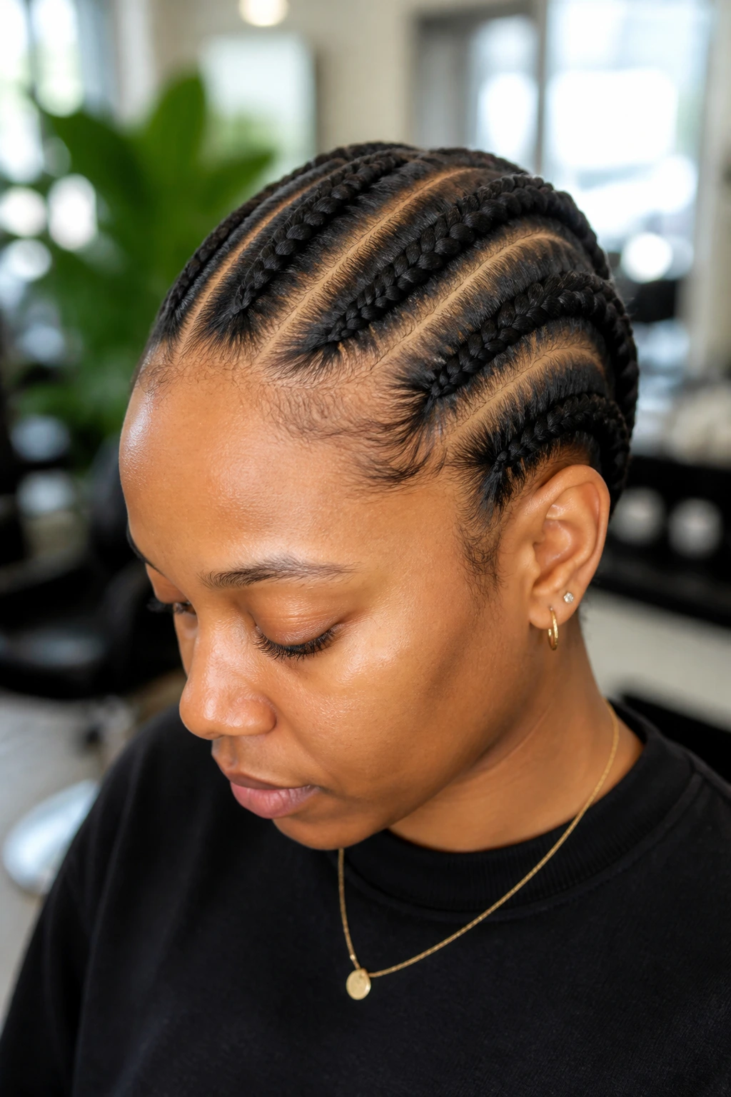 Close-up of a real person with double-parted Ghana braids showing two parallel scalp parts in a salon setting