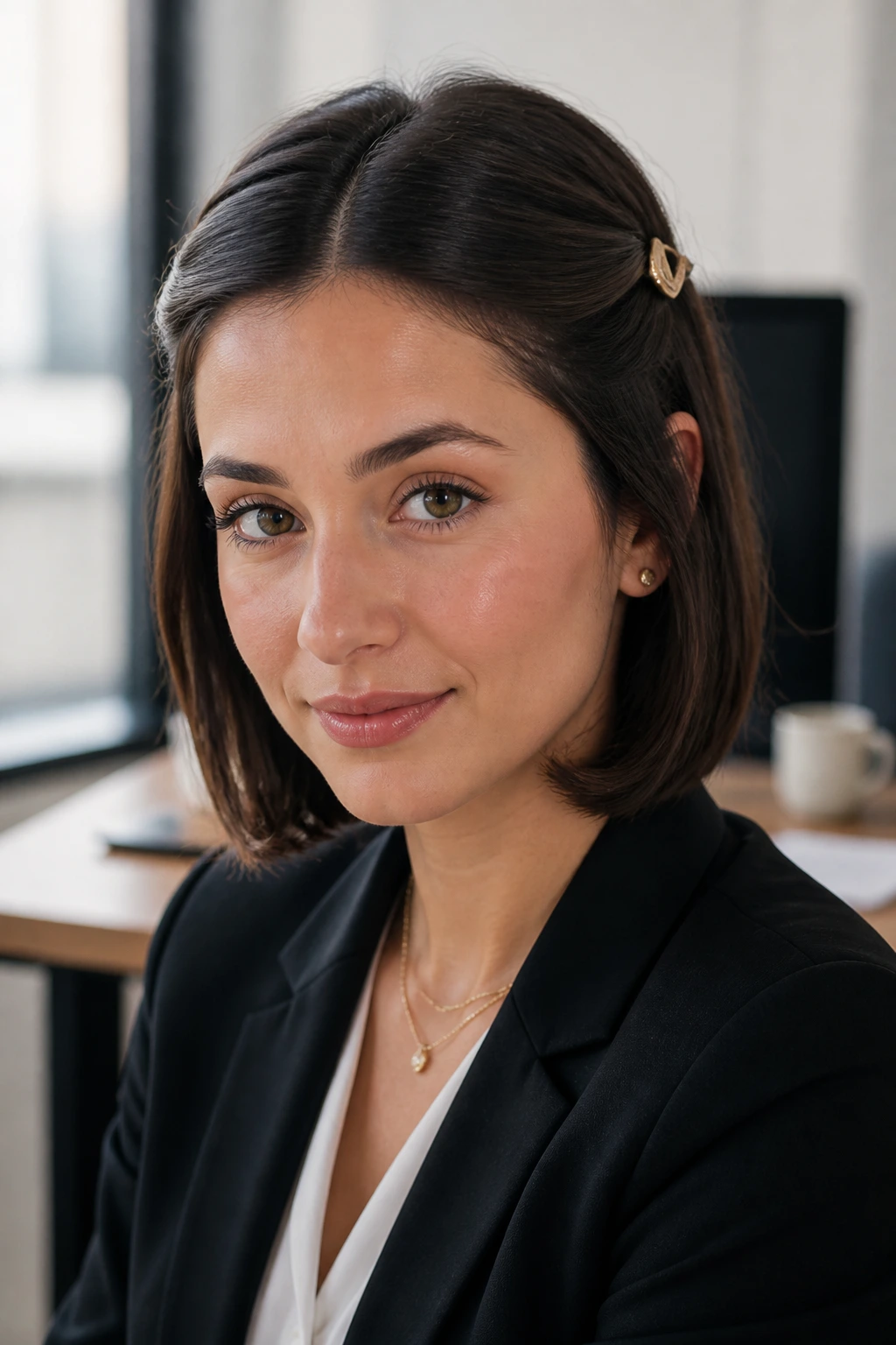 Close-up of a real woman with double-pinned tucked ends in an office.