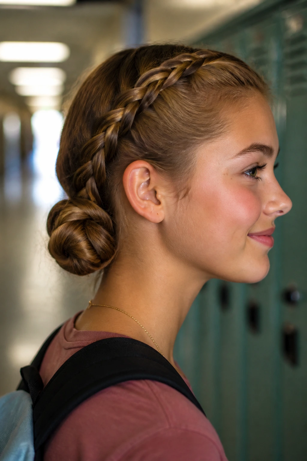 Close-up of a real student with two rope braids forming buns at the back of the neck.