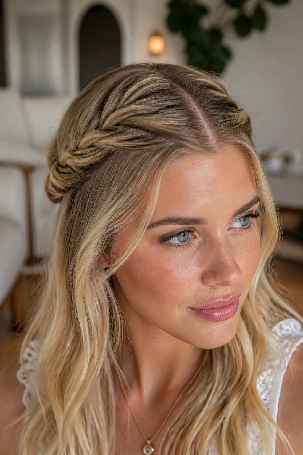 Blonde with two rope twists pinned at back