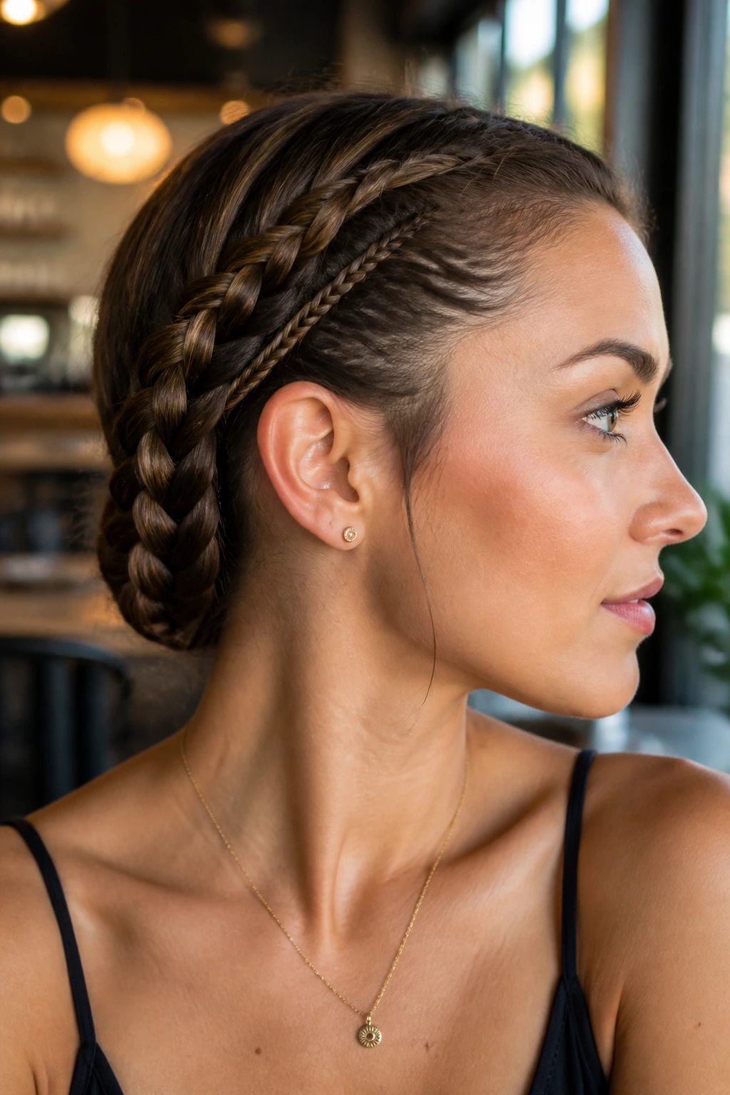 Close-up of a real woman with two side braids on one side.