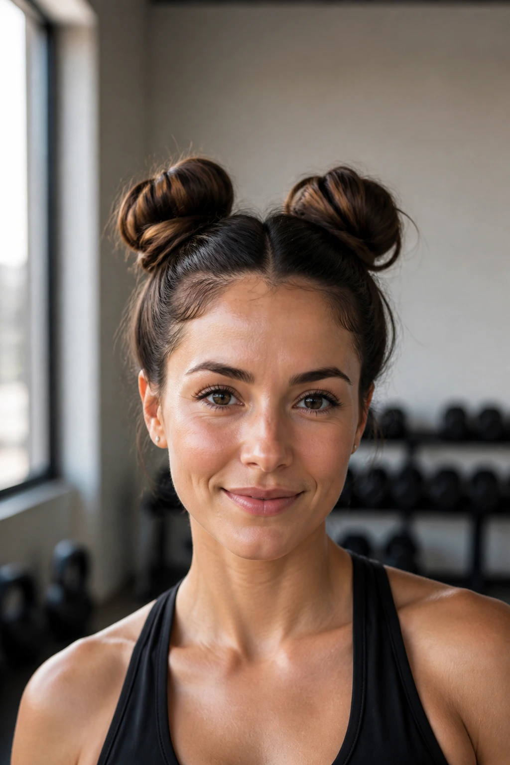 Close-up portrait of a real woman with two high space buns on the crown