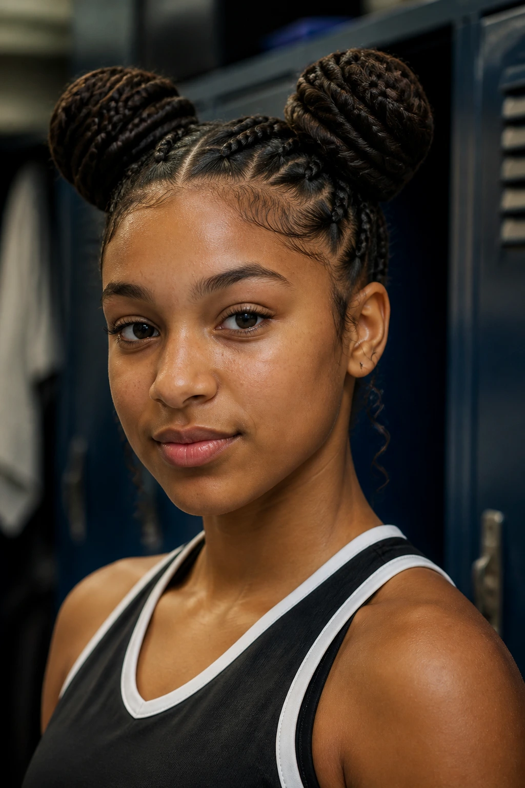 Close-up of a real student athlete with double space bun twists.