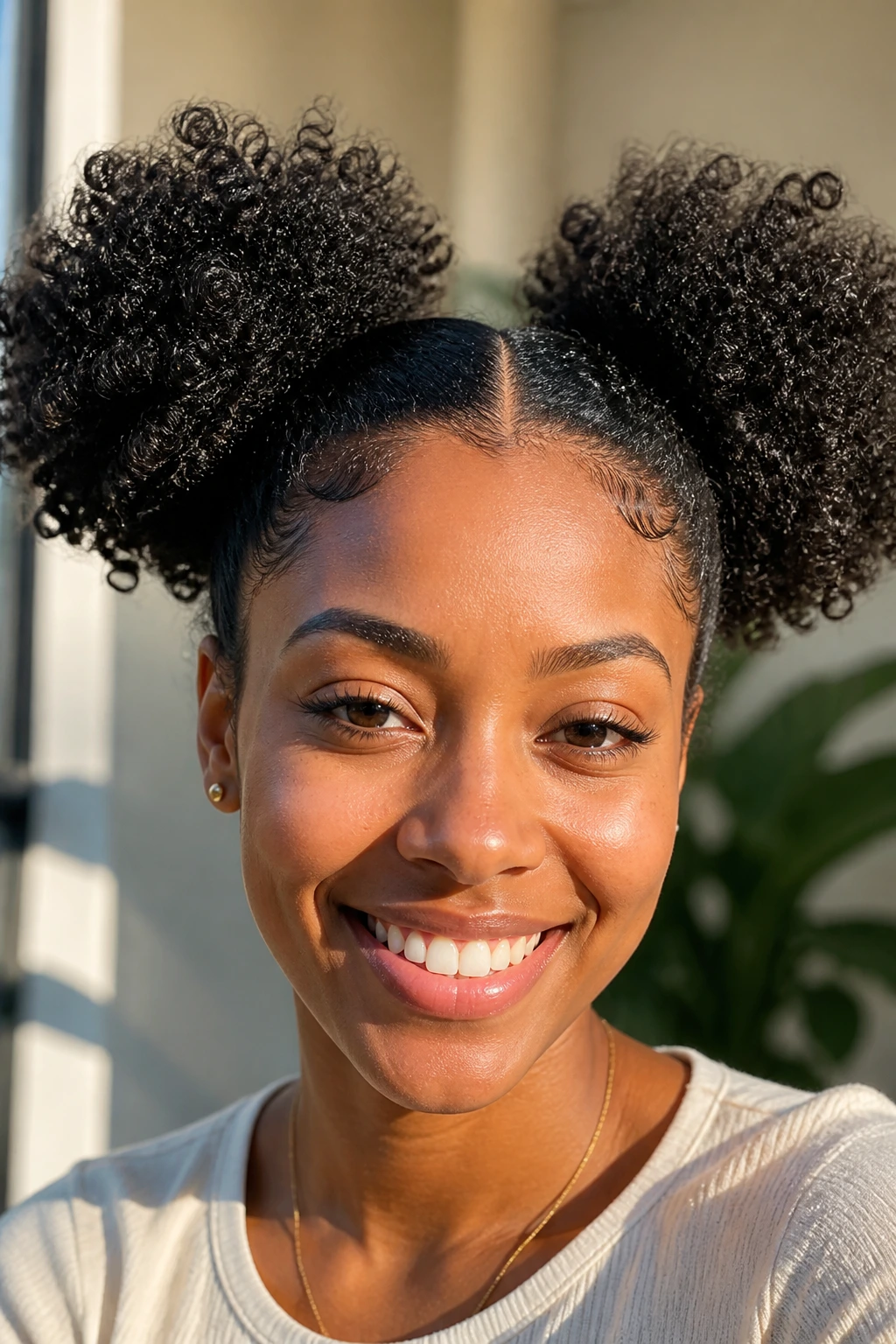 Real woman with double space puffs in bright light