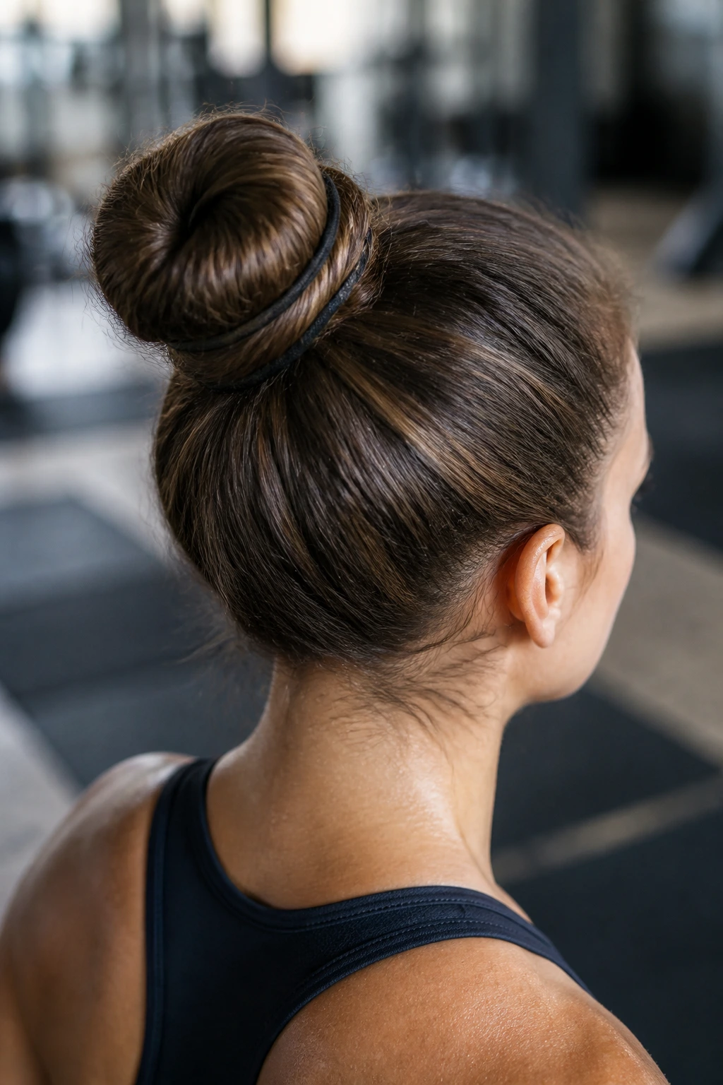 Back view of real person with double-strap spun bun in gym setting