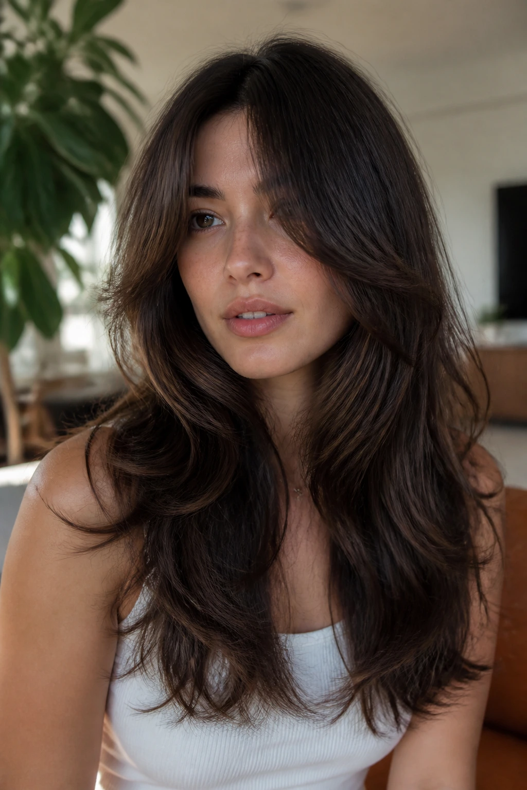 Medium close-up of a real person with two-tiered center-part layers framing the face