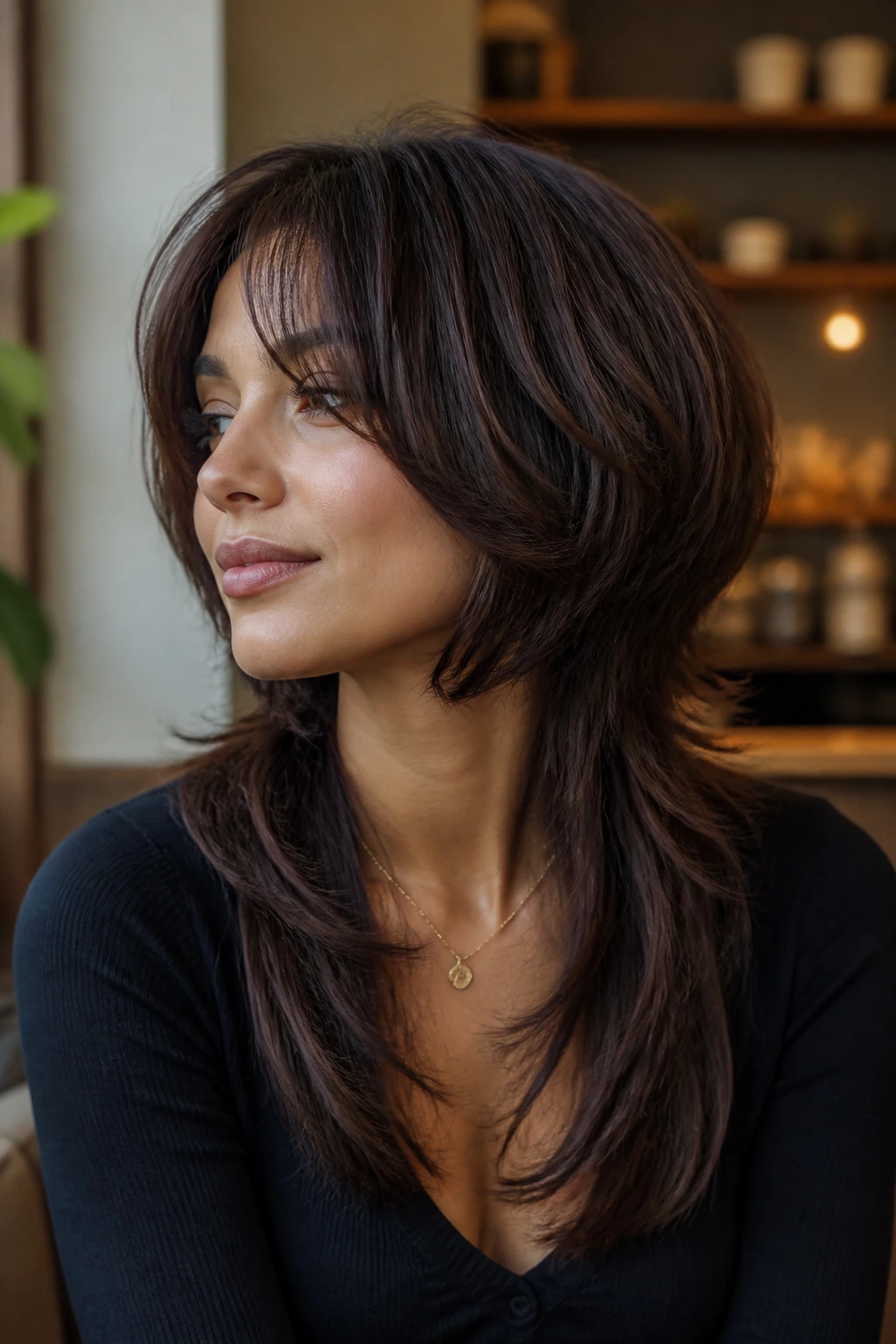 Close-up of a real woman with a double-tiered butterfly cut showing top bob and long bottom layer.