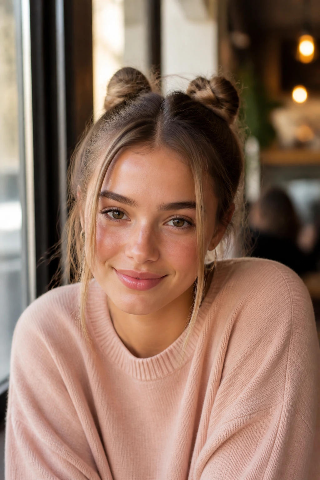 Close-up of two small top knots on a real person