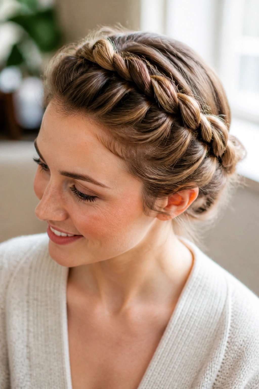 Close-up of double-twist rope braid on a real woman.