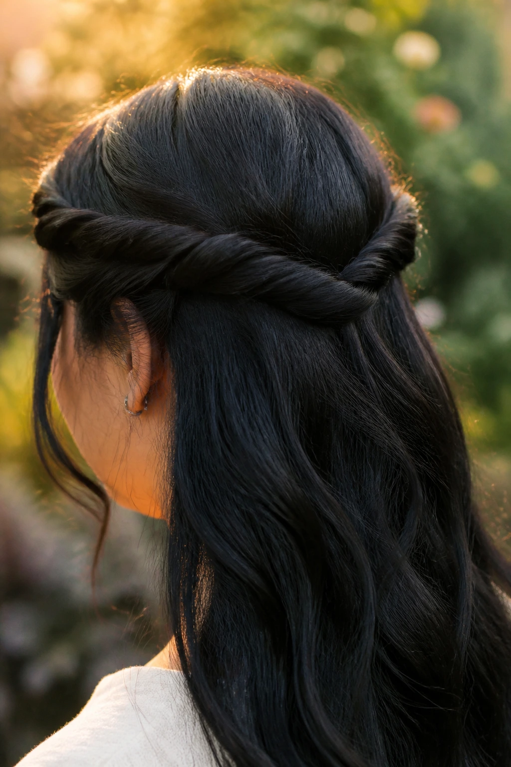 Back view of woman wearing two twists forming a crown halo