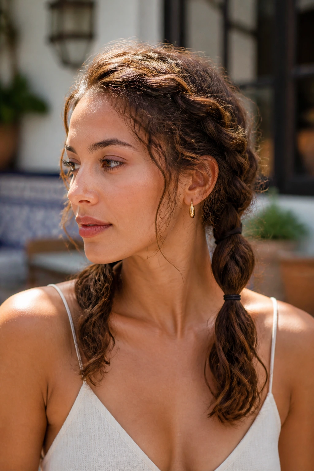 Close-up of a real woman with double-twist low pigtails in sunlight
