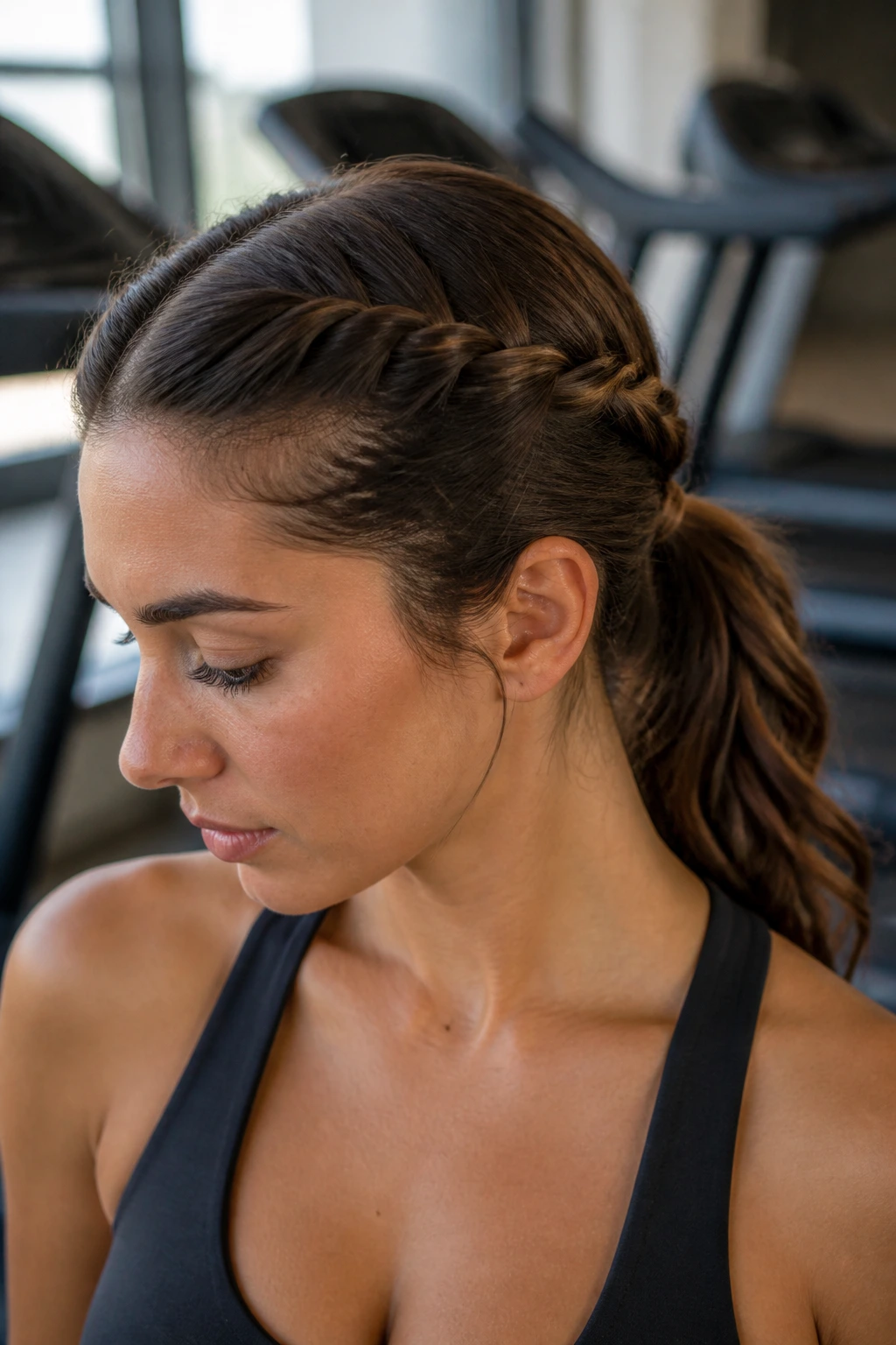 Real woman with double-twist low pony in gym background