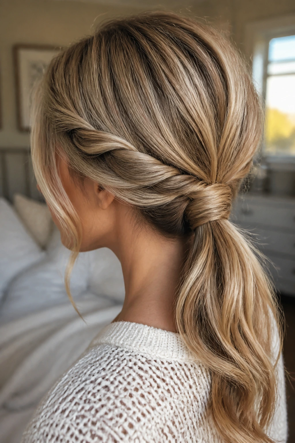 Close-up of a real woman's double-twist low ponytail in natural window light
