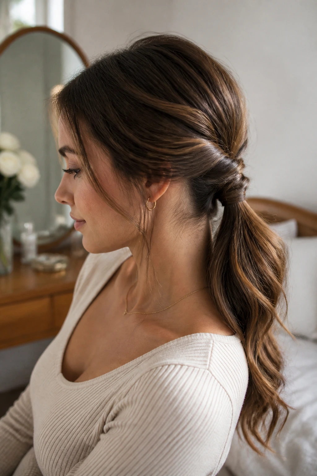 Close-up of a real woman with a low loop-through ponytail in a softly lit bedroom setting.