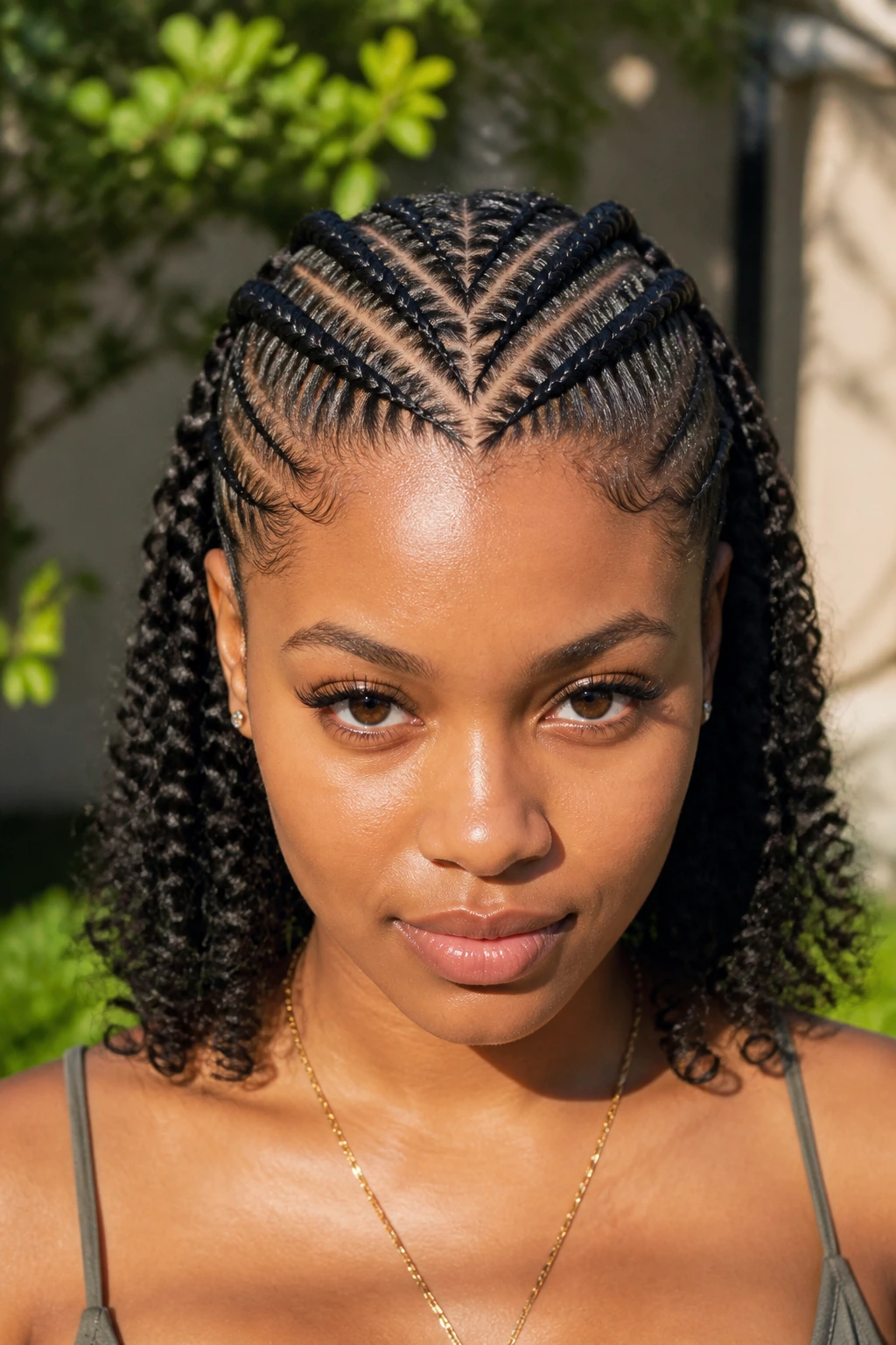 Close-up frontal portrait of a real woman with two V-shaped cornrows at the crown.