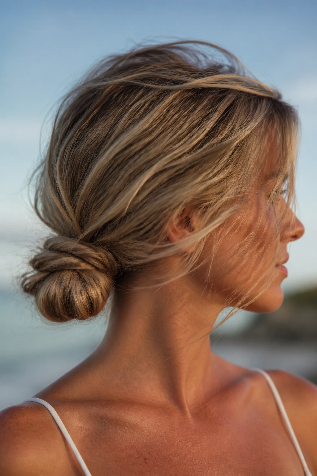 Close-up of a real woman's head showing a double-wrapped low messy bun at the nape, outdoor wind.