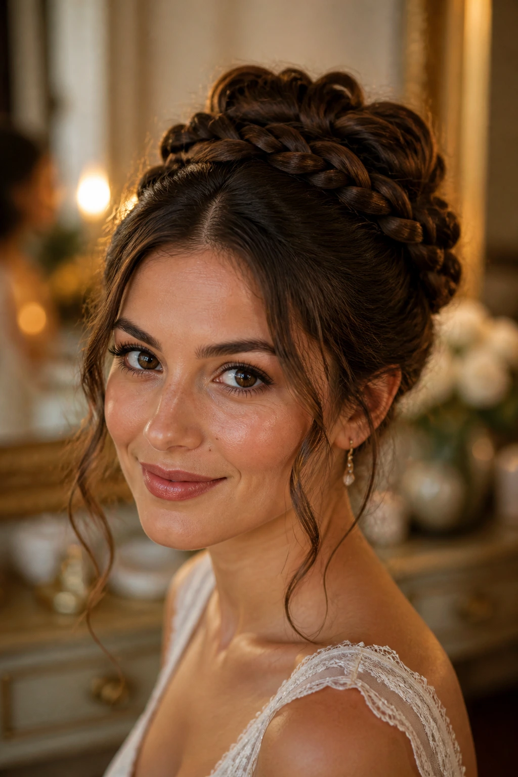 Close-up portrait of a person with two braids wrapped into a bun and soft waves