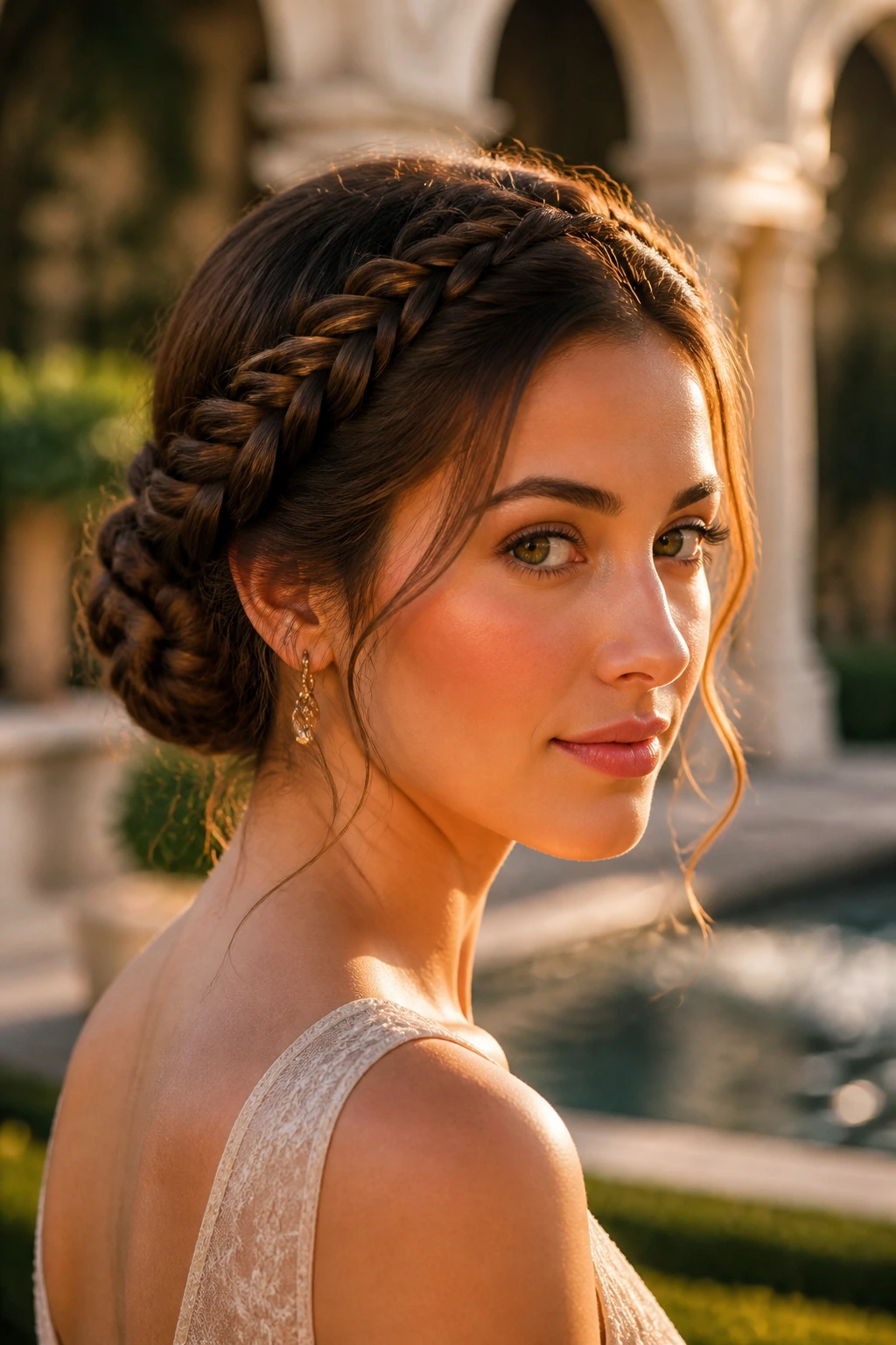 Close-up of real woman with double-wrapped goddess braid forming a crown at the nape