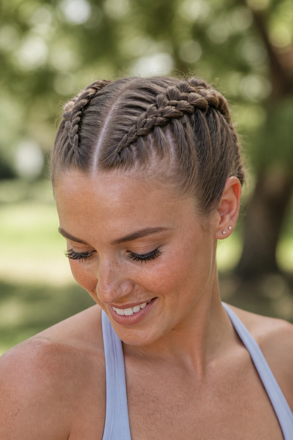 Close-up of a real woman with double Dutch braids pigtails