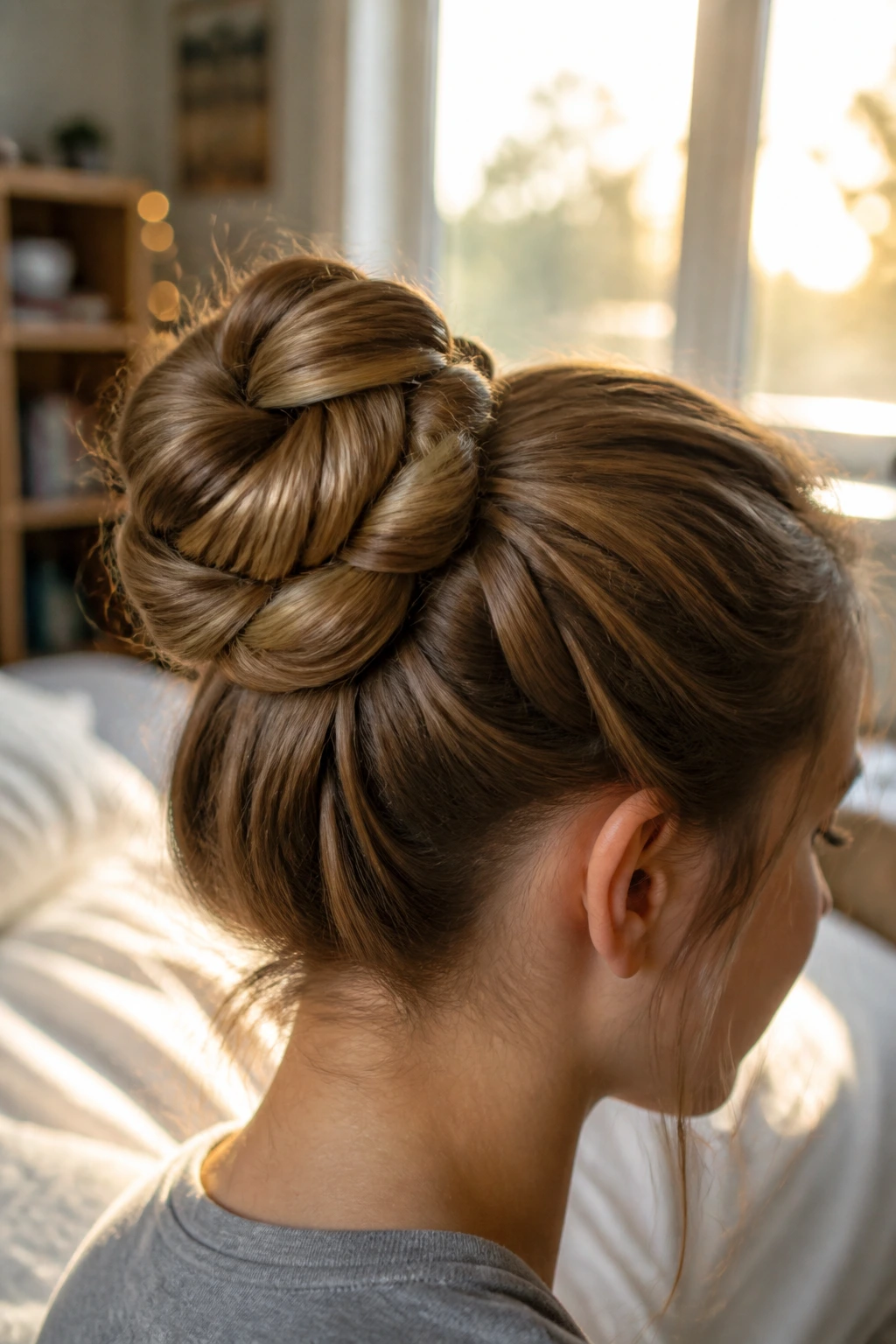 Close-up of real person with woven double-knotted bun filling the frame