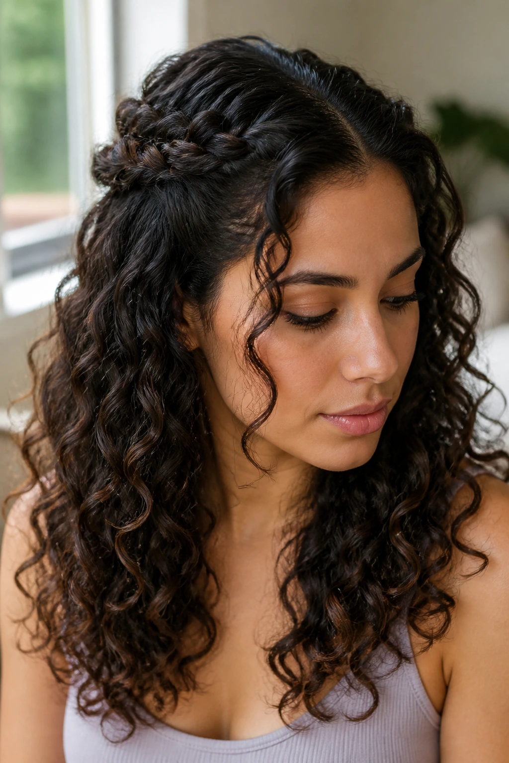 Close-up of a Latina woman with a double-twist half-up hairstyle