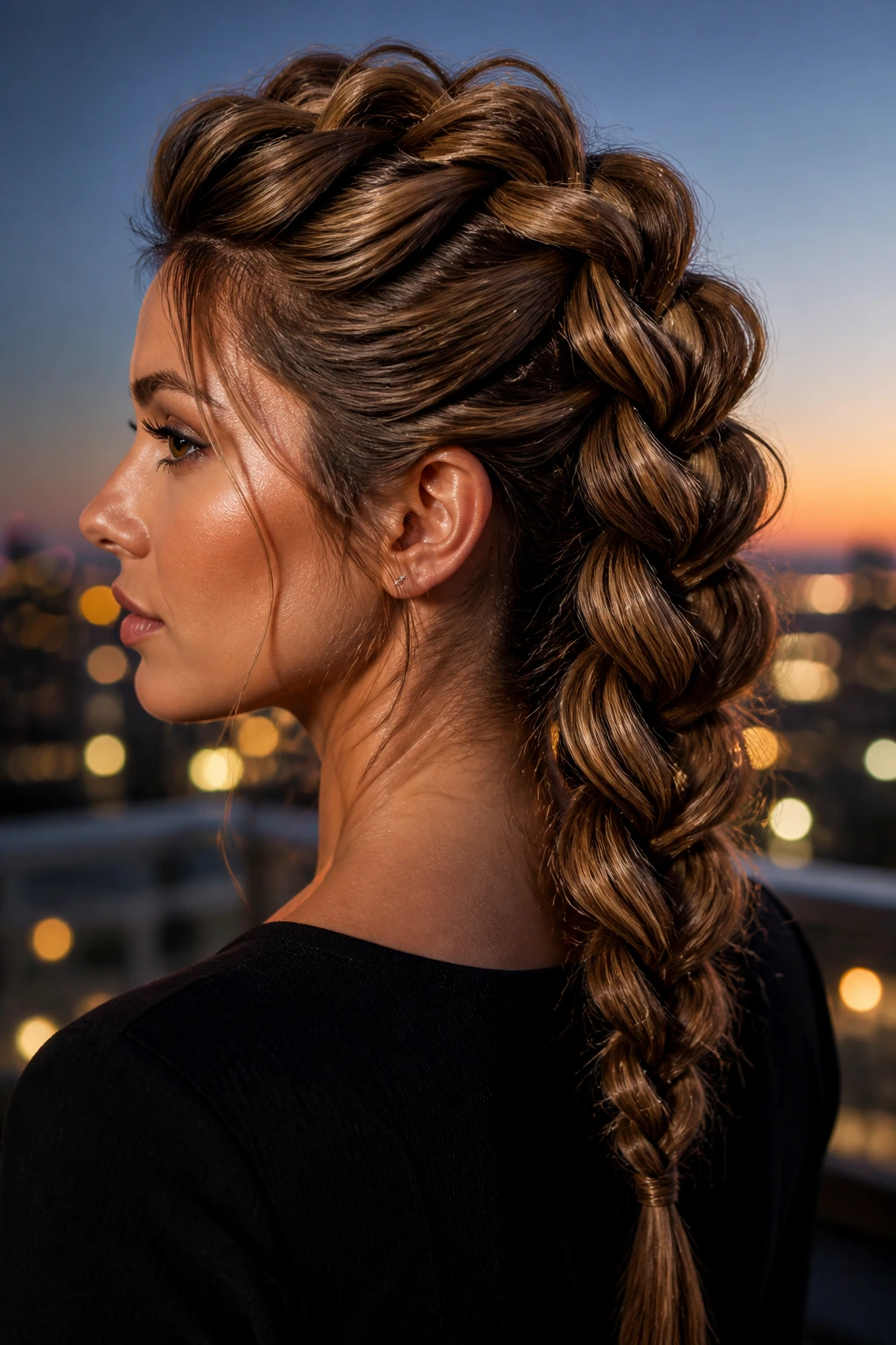 Real woman with dragon braid featuring dragon-scale texture on rooftop at dusk