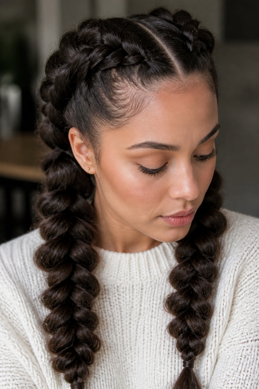 Close-up of real person with voluminous pancake dragon braids