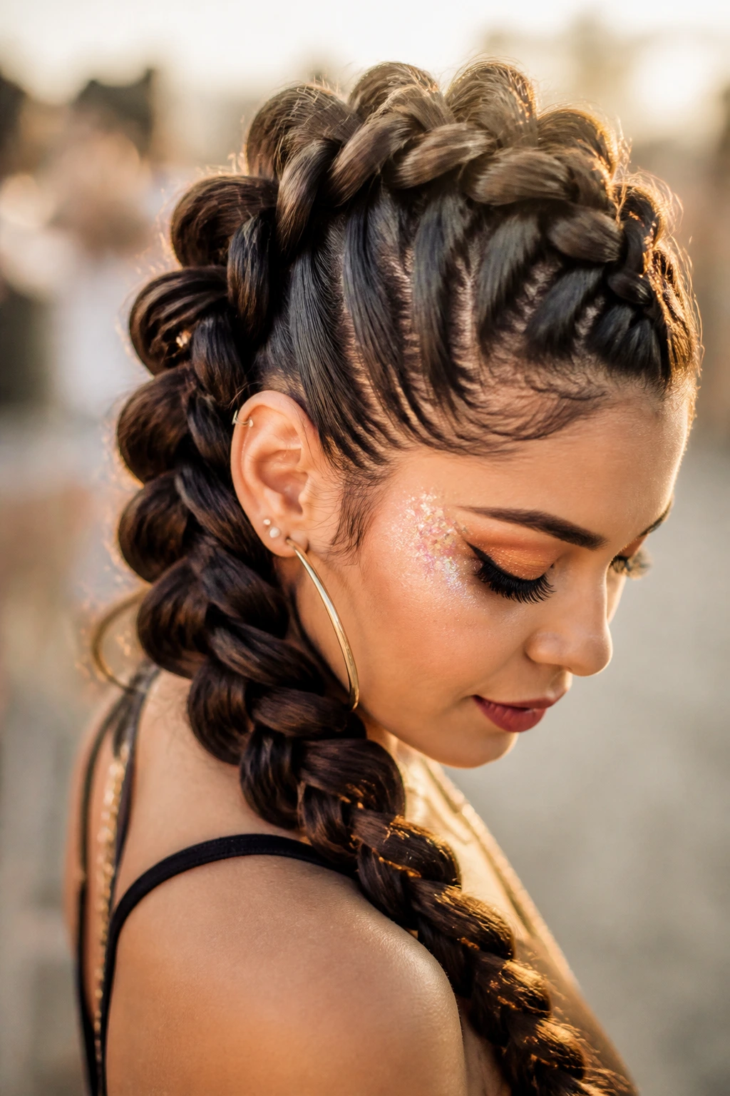 Close-up of dragon-like wide loops French braid on a real woman