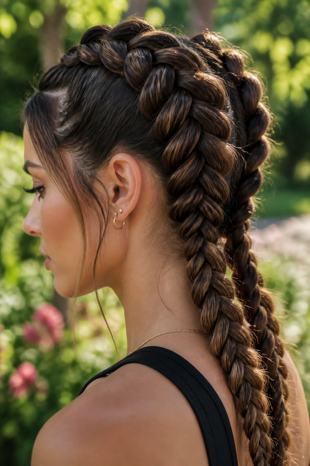 Profile of real woman with dragon pancake braids in a sunlit garden