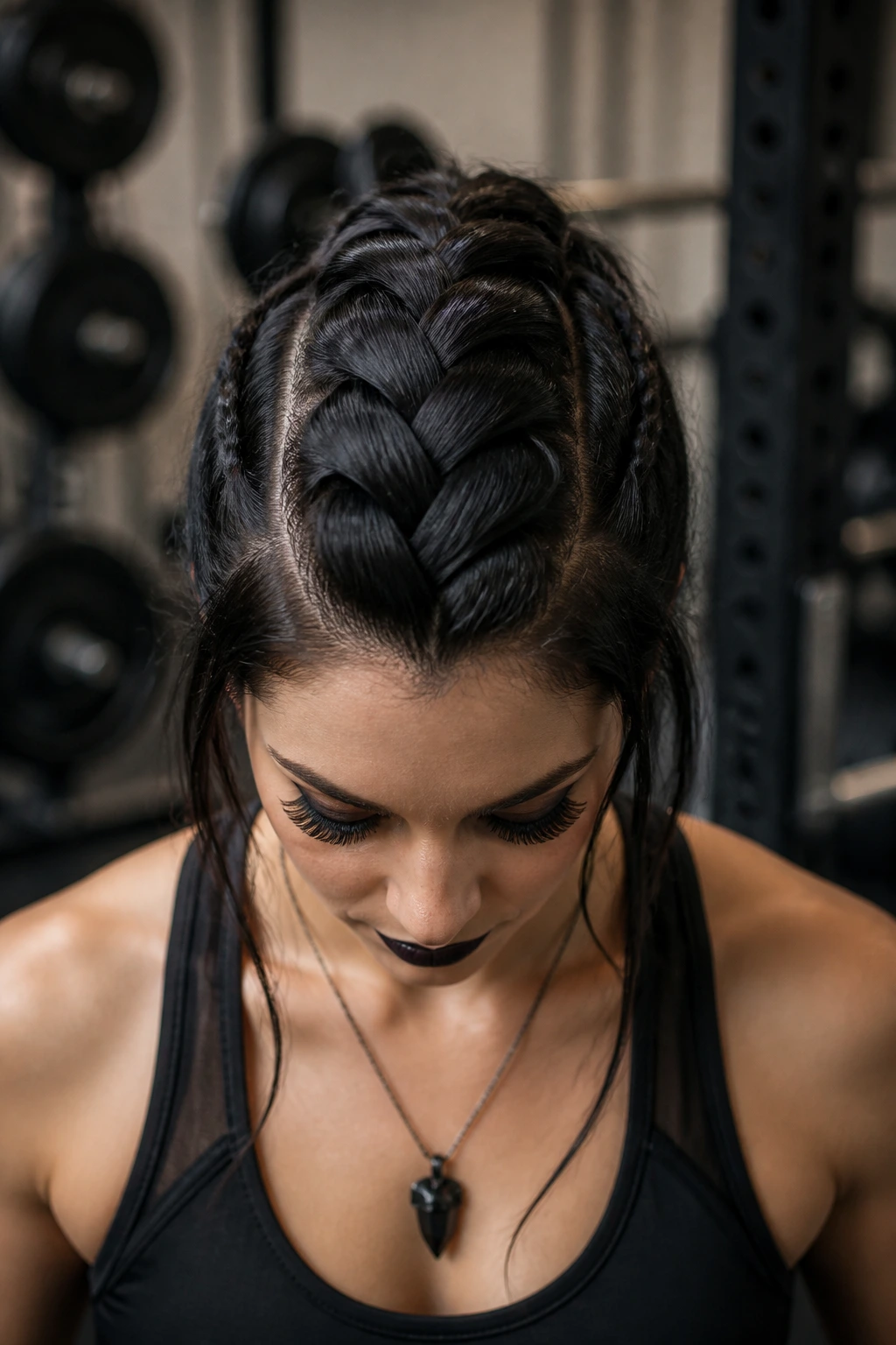 Close-up of dragon-scale braid running down the center of the head in gym setting