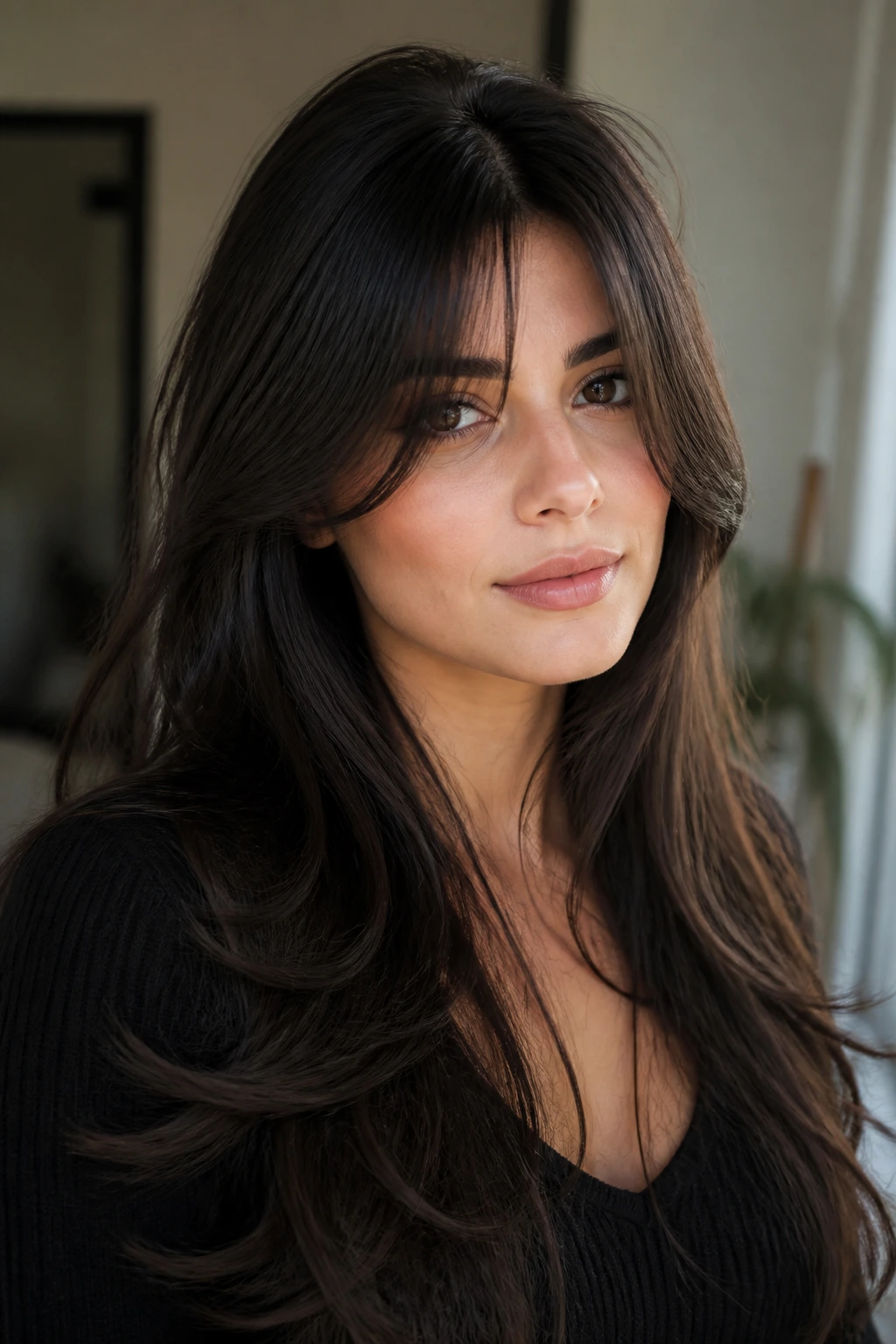Portrait of a woman with long drape bangs and crown layers in natural light