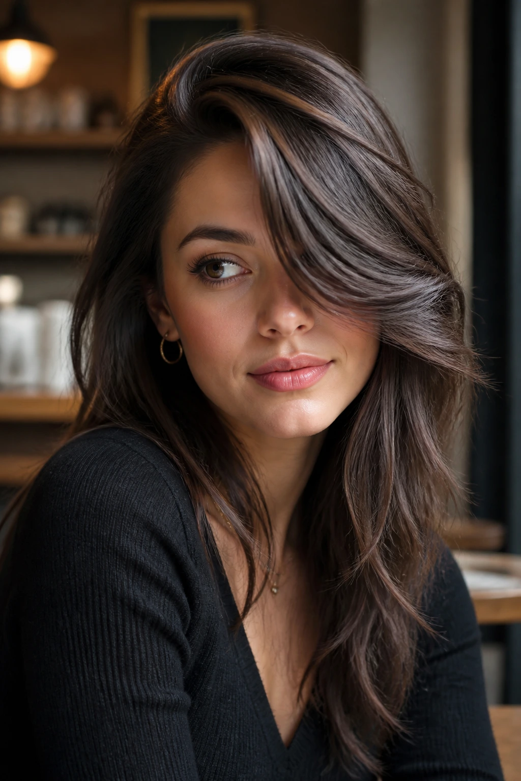 Close-up portrait of a person with deep side-parted draped bangs