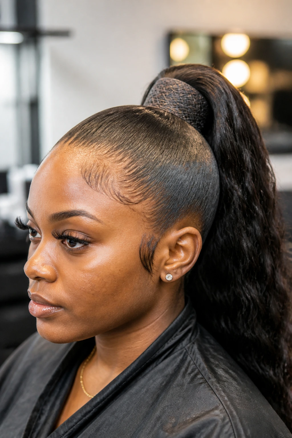 Real person wearing a drawstring ponytail wig with bun and netting in a bright salon