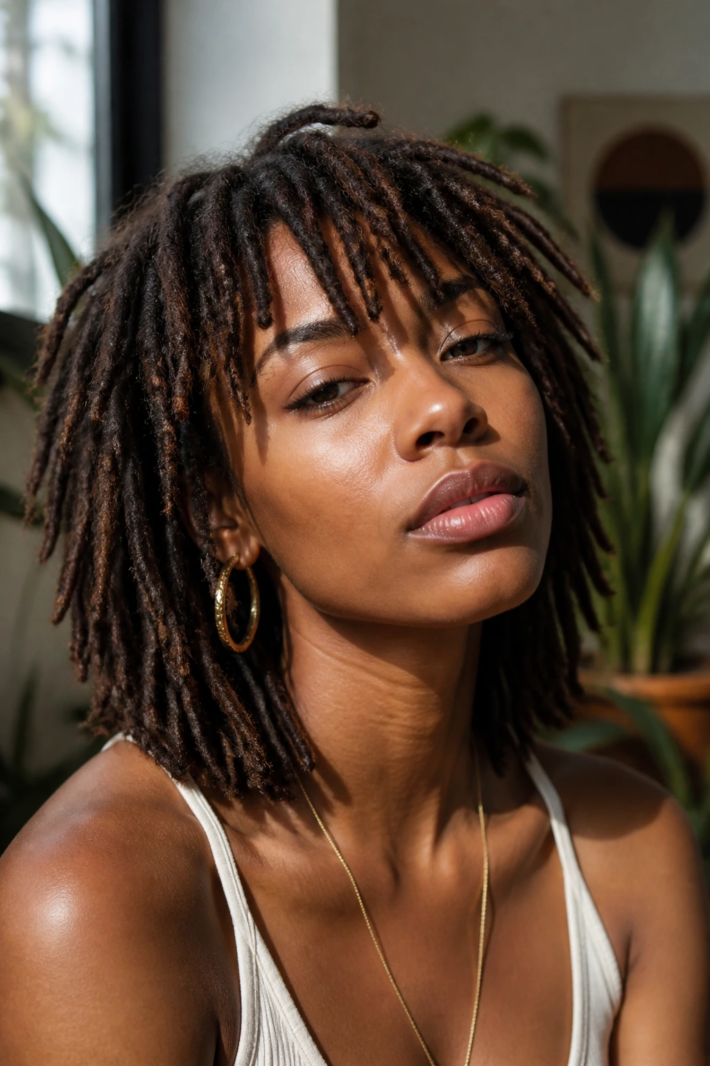 Portrait of a person with a dreadlock shag and messy bangs
