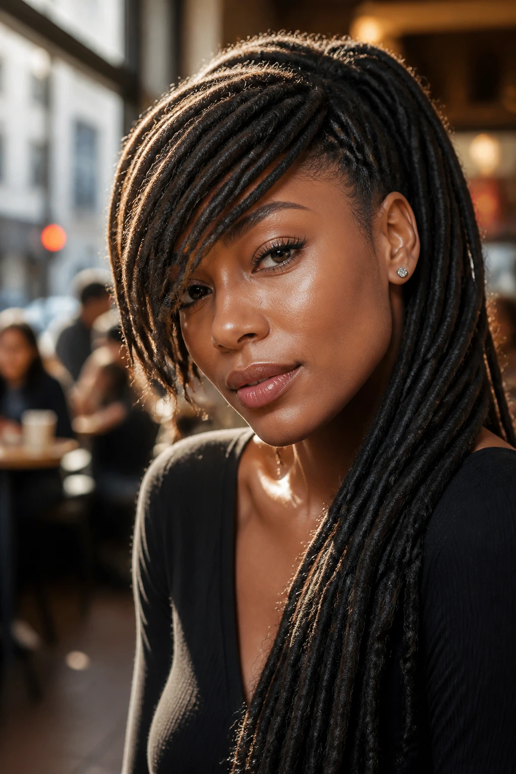 Close-up portrait of dreadlock bangs with a side sweep framing a square face