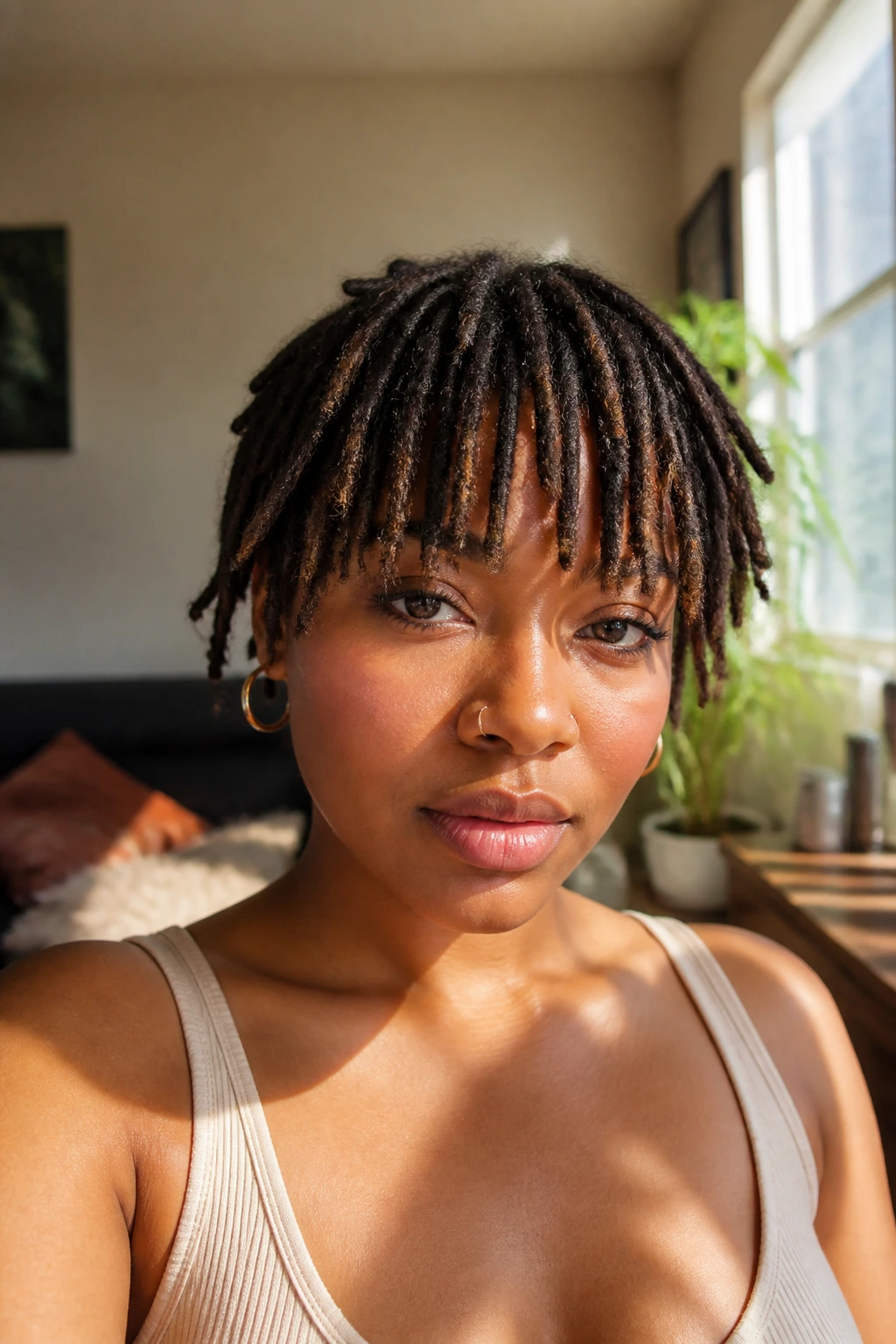 Close-up portrait of a person with dreadlock front bangs in warm natural light
