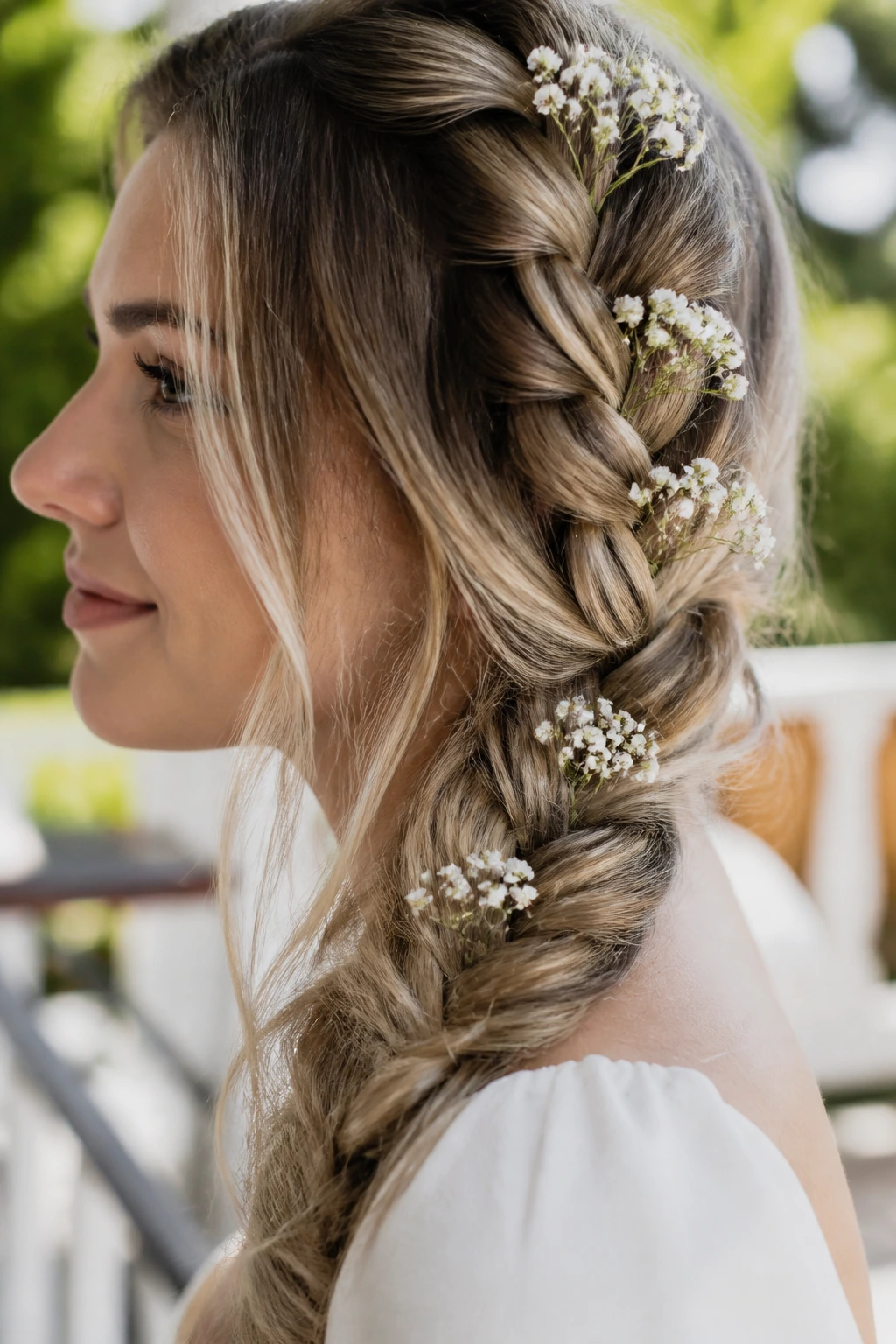 Braid with dried flowers tucked into the loops