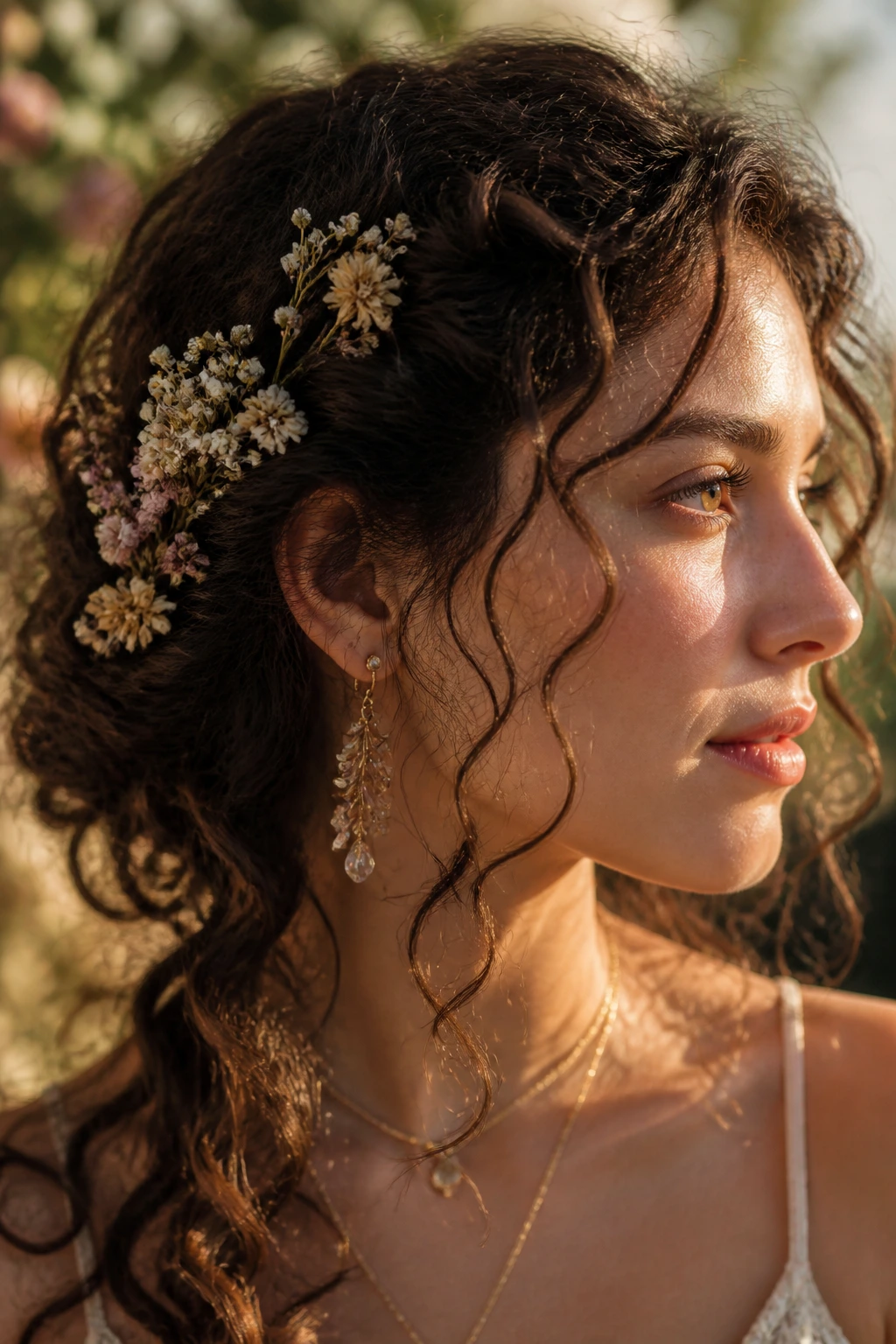 Close-up of a real woman with curly hair woven with dried floral accents behind the ear